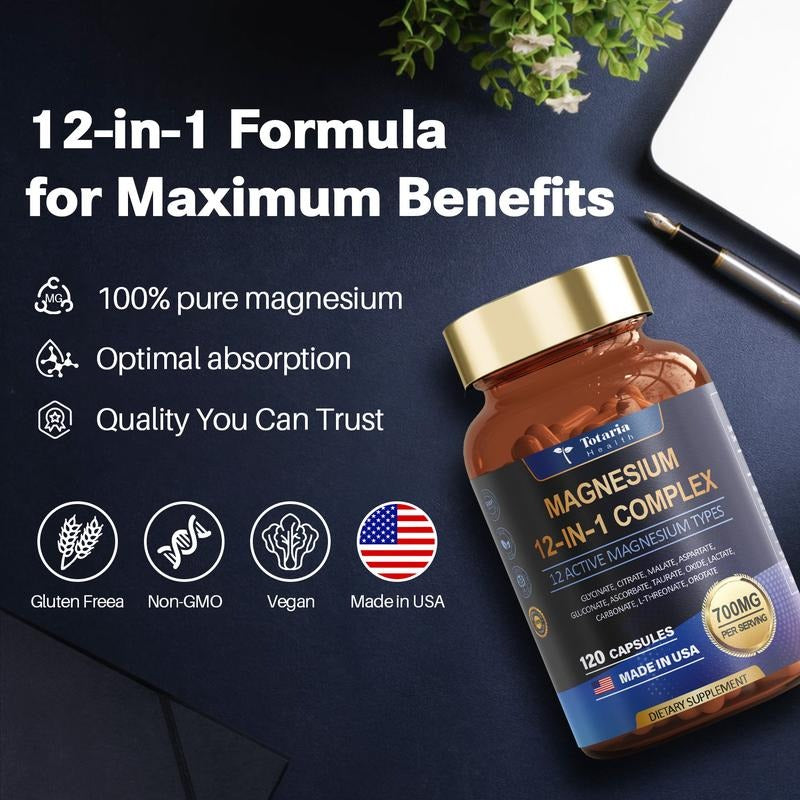 Totaria Health Magnesium 12-in-1 Complex - 700mg High Absorption Support for Sleep, Muscle & Calm - 120 Veggie Capsules